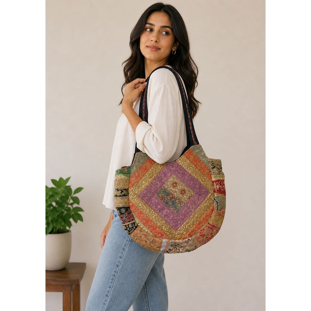 NWT Sacred Threads Magic Carpet Embellished Patchwork Colorful Lined Bag